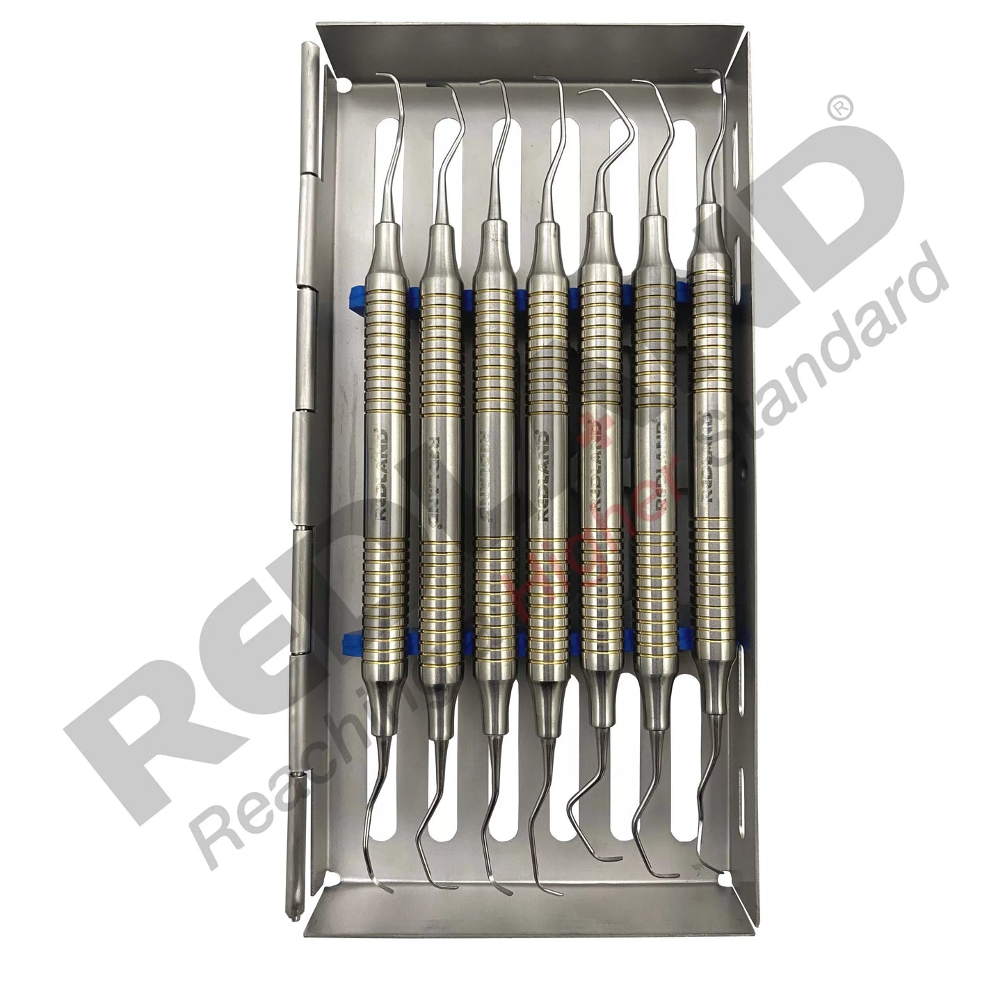 REDLAND DENTAL HYGIENIST SCALER CURETTES AUTOCLAVABLE CASSETTE (7 PC) BLUE AND GOLD LINE
