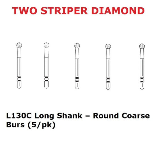 Premier Dental TWO STRIPER Diamond L130C Long Shank – Round Coarse Burs (5/Pk)