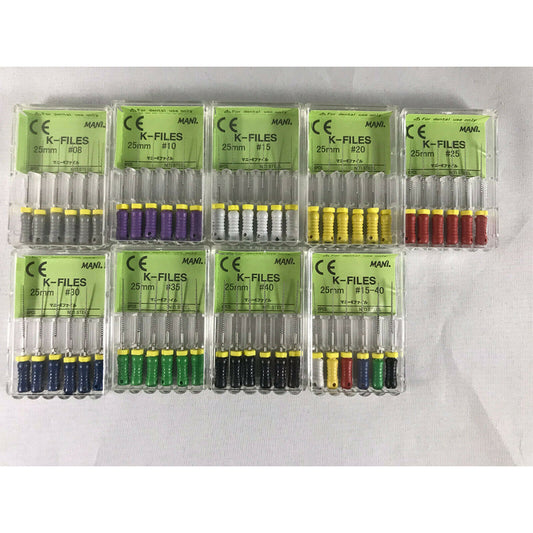 Mani Dental Root Canal Endo NiTi Steel K-files 21mm - 25mm All Sizes 30 Files/pk