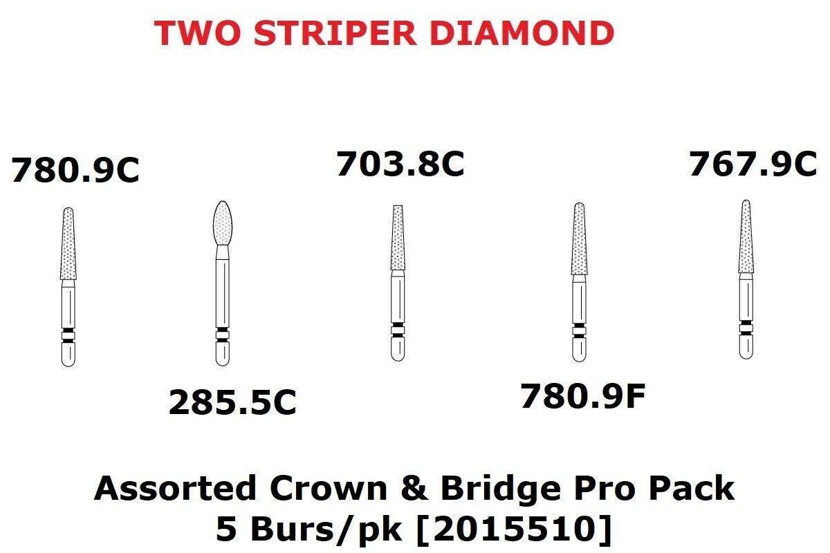 Premier Dental TWO STRIPER Diamond Burs Assorted Crown & Bridge ProPack 5/pk USA