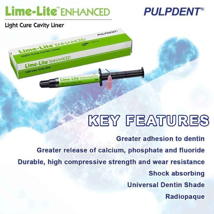Pulpdent Lime-Lite ENHANCED Kit Light Cure Cavity Liner 4 x 1.2mL Syringes + 8 Tips