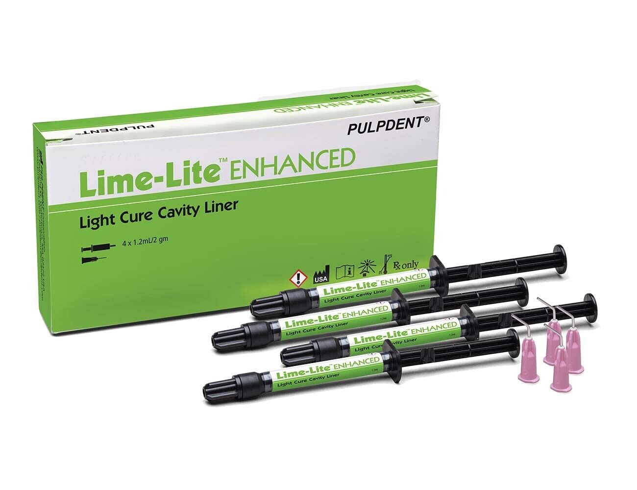 Pulpdent Lime-Lite ENHANCED Kit Light Cure Cavity Liner 4 x 1.2mL Syringes + 8 Tips