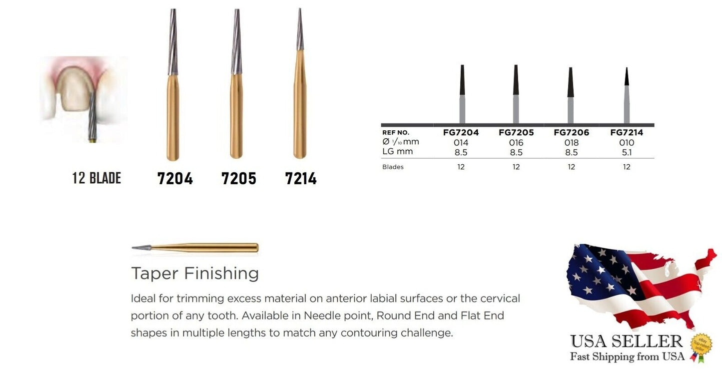 Trimming & Finishing gold carbide burs with blades Friction Grip different sizes