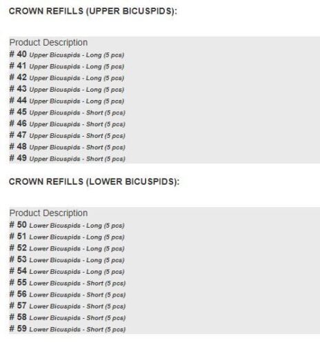 Temporary Poly carbonate Dental Crowns 5/Pk All Sizes Available
