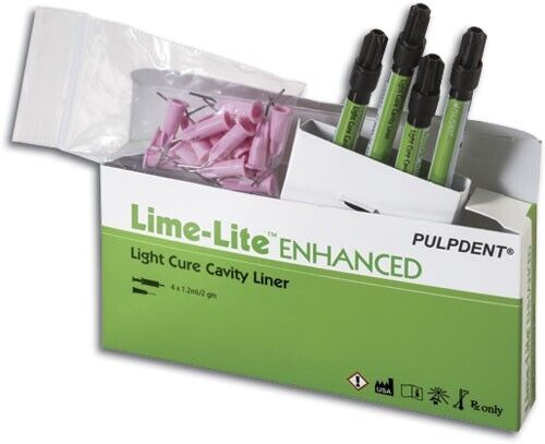 Pulpdent Lime-Lite ENHANCED Kit Light Cure Cavity Liner 4 x 1.2mL Syringes + 8 Tips