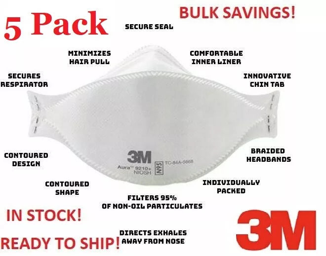 5/Pk 3M Aura +N95 Mask Particulate Respirator Disposable Protective