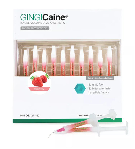 Pac-Dent Dental GINGICaine Topical Anesthetic Gel in Syringe 20x 1.2cc+ 100 TIPS