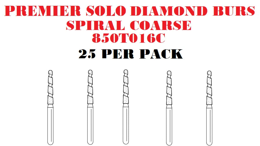 Premier Dental SOLO Premium Diamond Burs SPIRAL COARSE 850T016C 25pcs USA