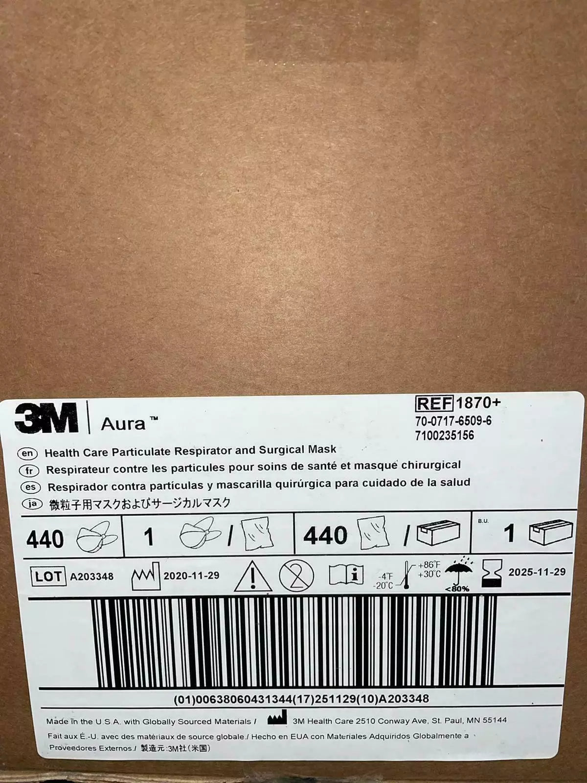 3M™ Aura 1870+ N95 Particulate Respirator Disposable Protective Mask NIOSH 20/Pk