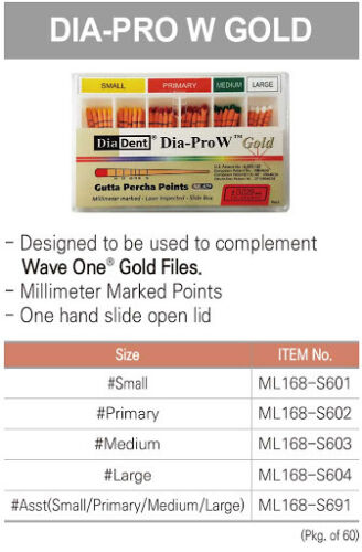 DiaDent Dia-PRO W Gold Gutta Percha Points ML.029 All Sizes WAVE ONE GOLD 60/pk