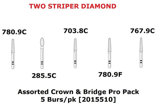 Premier Dental TWO STRIPER Diamond Burs Assorted Crown & Bridge ProPack 5/pk USA