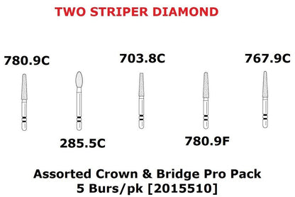 Premier Dental TWO STRIPER Diamond Burs Assorted Crown & Bridge ProPack 5/pk USA