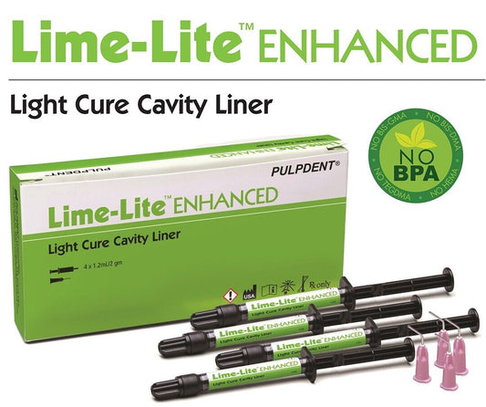 Pulpdent Lime-Lite ENHANCED Kit Light Cure Cavity Liner 4 x 1.2mL Syringes + 8 Tips
